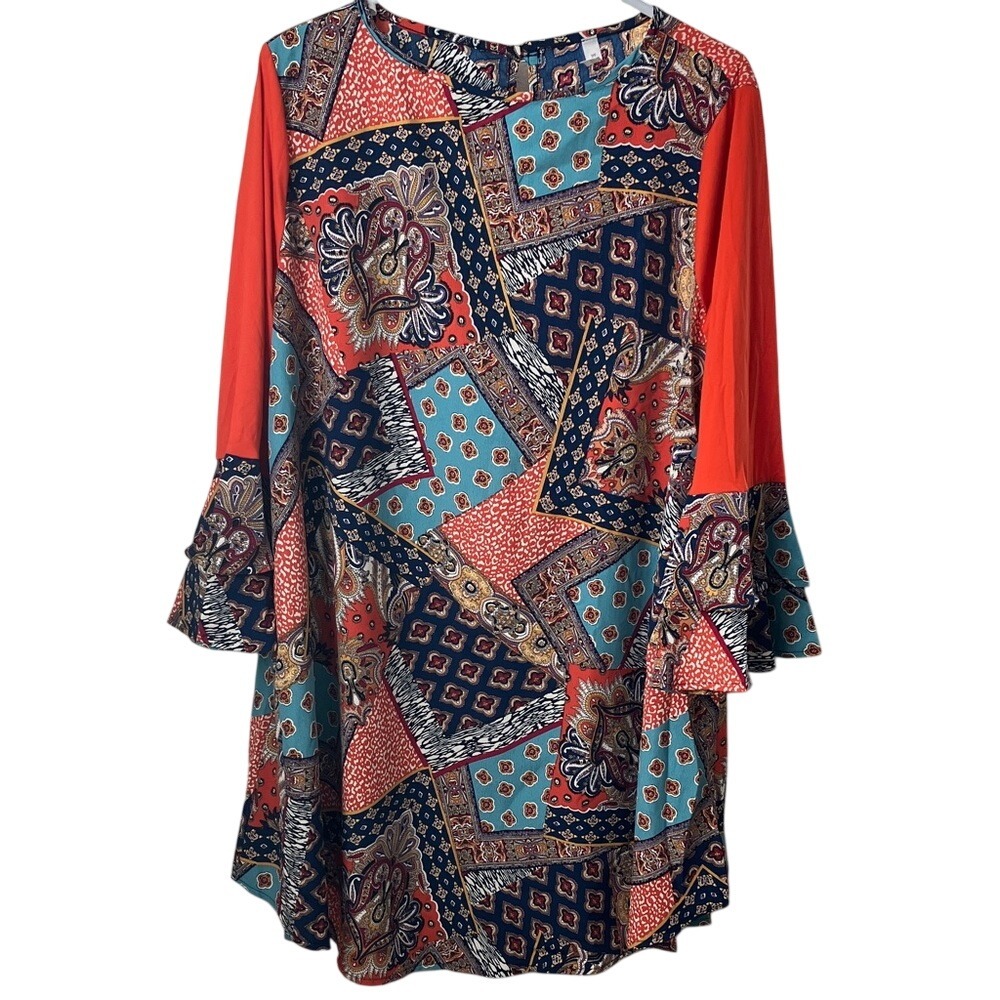 Emerald Womens Patchwork Paisley Bell Sleeve Shift Dress Orange Blue Small